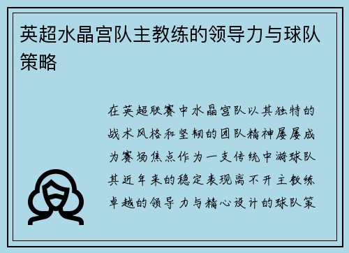 英超水晶宫队主教练的领导力与球队策略